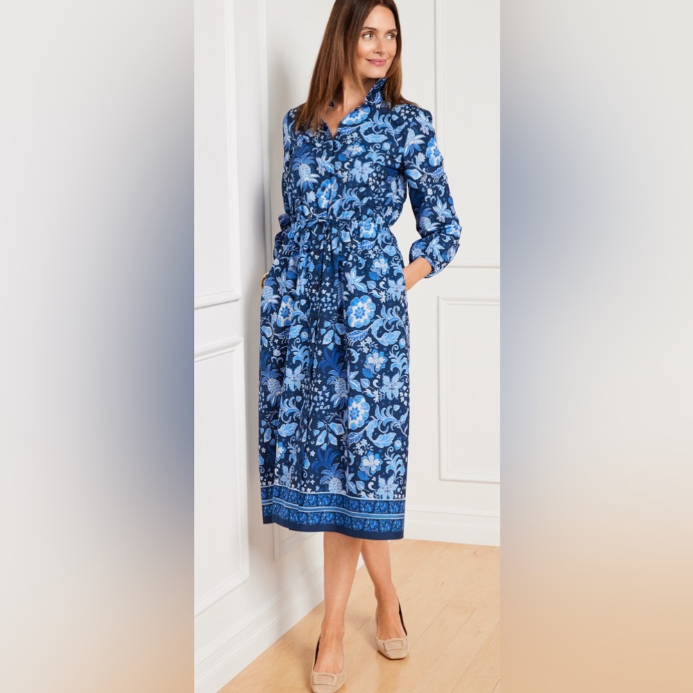Talbots Blue Wrap Dress with Notched Collar and Bishop Sleeves